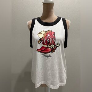 Wrangler White and Black Tank Top with Red Boots Graphic-Retro
